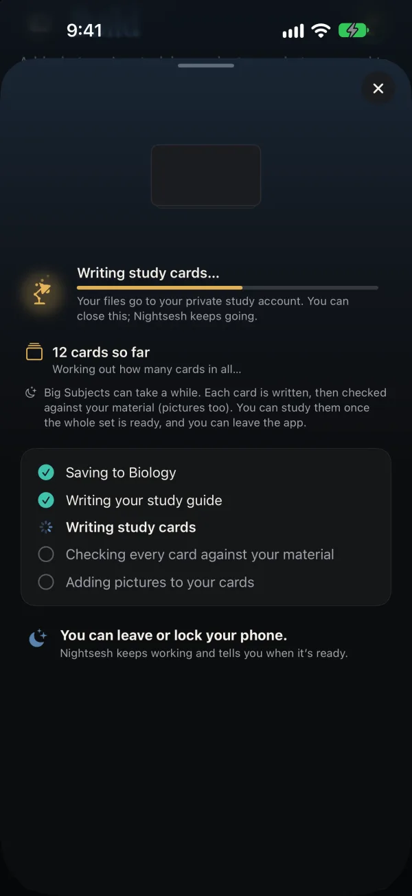 Nightsesh writing study cards: 12 cards so far. Each card is written, then checked against your material, pictures too. The list shows Saving to Biology and Writing your study guide done, Writing study cards in progress, then Checking every card against your material and Adding pictures to your cards. You can leave or lock your phone.