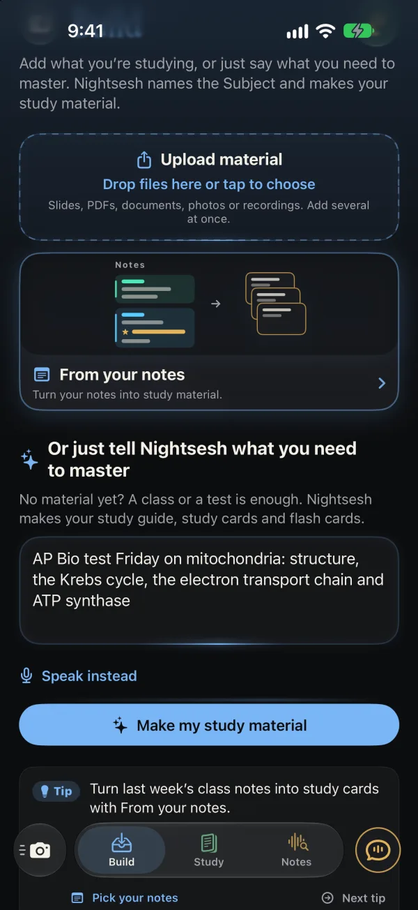 Build in Nightsesh with one sentence typed: AP Bio test Friday on mitochondria: structure, the Krebs cycle, the electron transport chain and ATP synthase, above Make my study material.