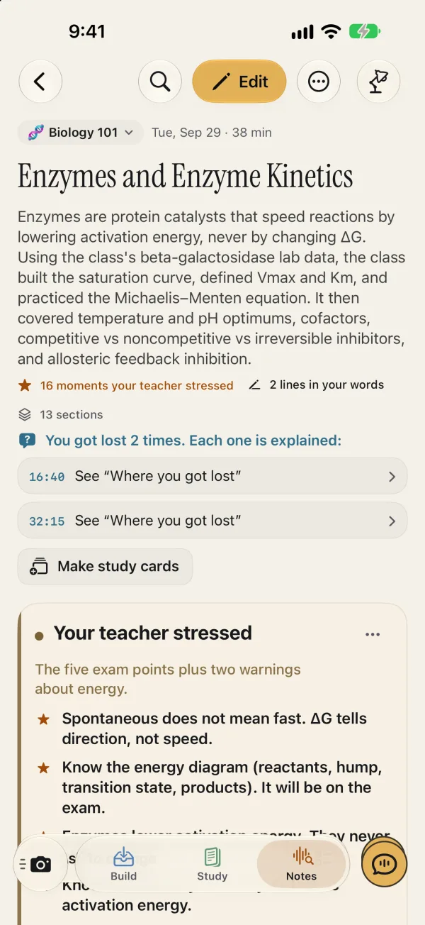 AI notes in Light mode from a recorded Biology 101 class, Enzymes and Enzyme Kinetics: the summary, the moments your teacher stressed and where you got lost.